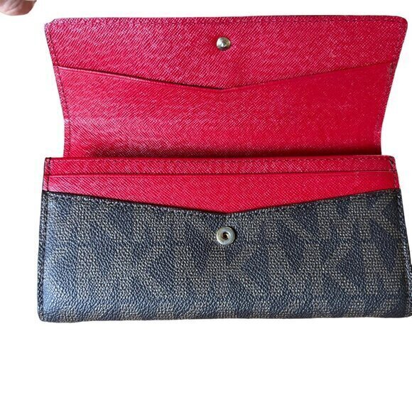 Michael Kors Logo Wallet Red Checkbook Leather Tri Fold Card Change‎ Pockets - Picture 3 of 9
